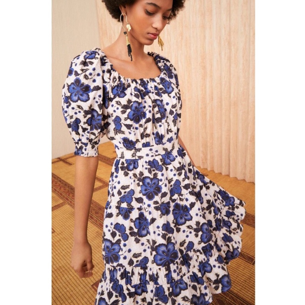 Ulla Johnson Celia Cotton Blue & White Lapis Floral Mini Dress Puff Sleeve